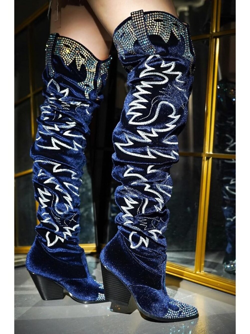Women's Blue Rhinestone Embroidered Cowboy Boots Thigh High Slouchy Wide Calf - Picture 3 of 6